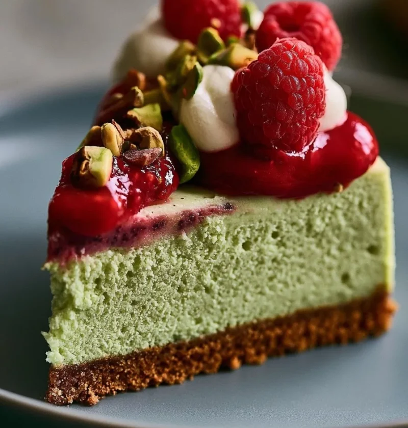 Cheesecake al pistacchio decorata con pistacchi tritati e crema dolce.