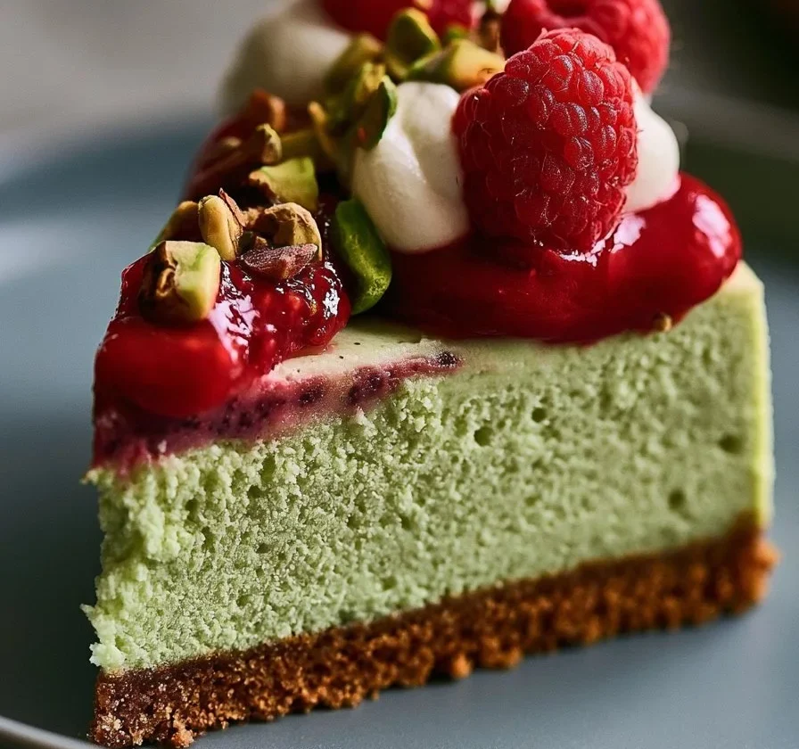 Cheesecake al pistacchio decorata con pistacchi tritati e crema dolce.