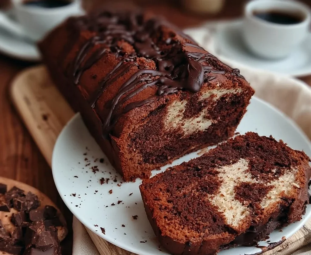 Plumcake Mascarpone e Cioccolato fresco e decorato su piatto.