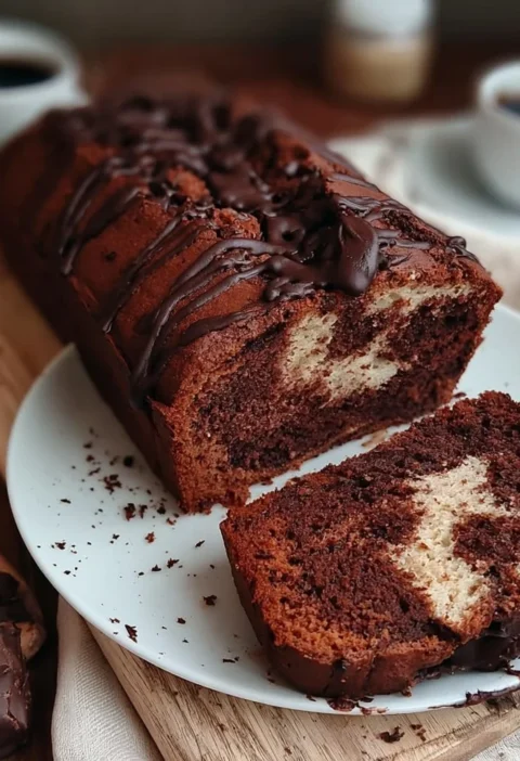 Plumcake Mascarpone e Cioccolato fresco e decorato su piatto.