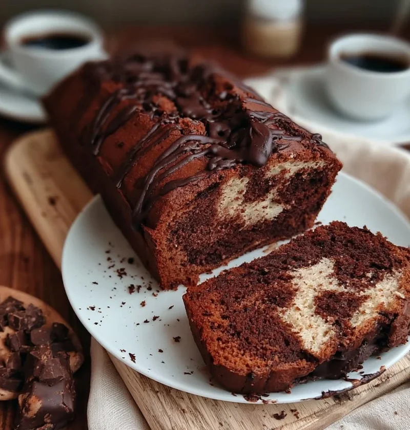 Plumcake Mascarpone e Cioccolato fresco e decorato su piatto.