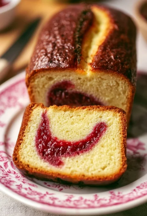 Fette di plumcake yogurt con marmellata su un piatto