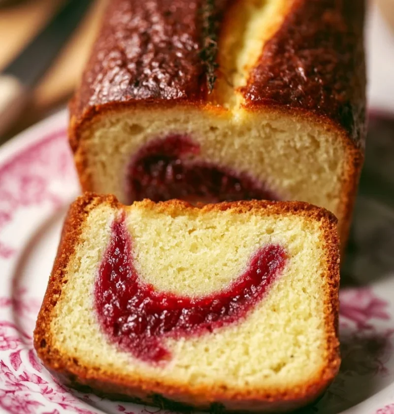 Fette di plumcake yogurt con marmellata su un piatto