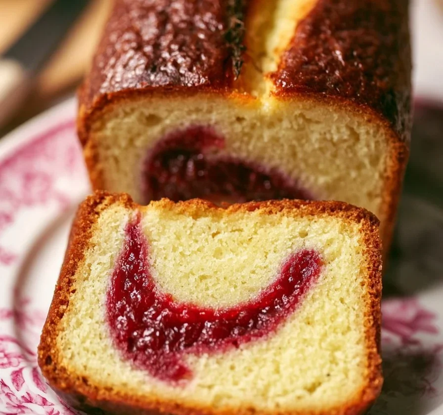 Fette di plumcake yogurt con marmellata su un piatto