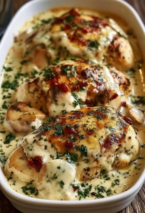 Pollo al forno cremoso, un piatto gustoso e semplice da cucinare.