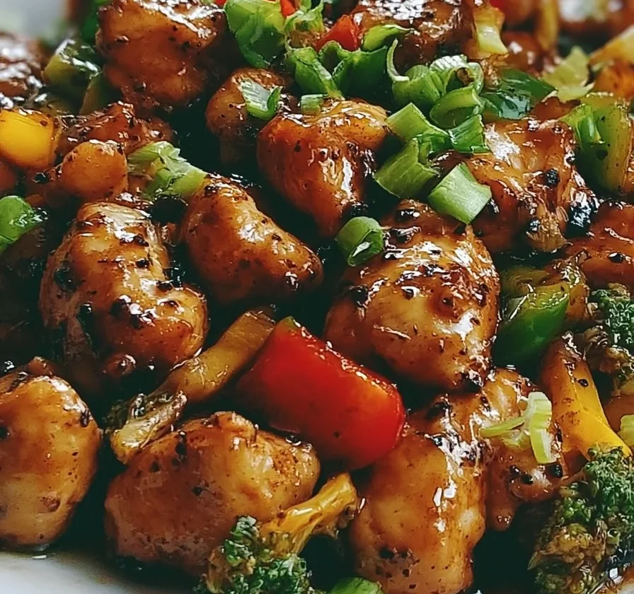 Piatto di Pollo al Pepe Nero con contorni colorati e aromatici