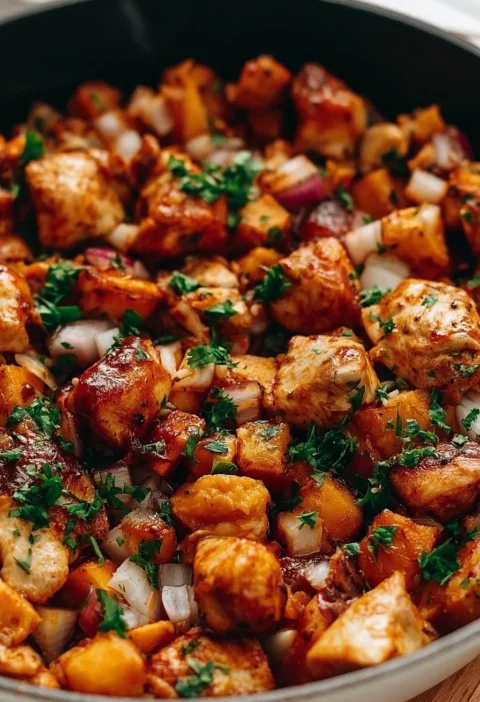 Pollo alla griglia con patate dolci in padella pronto da servire