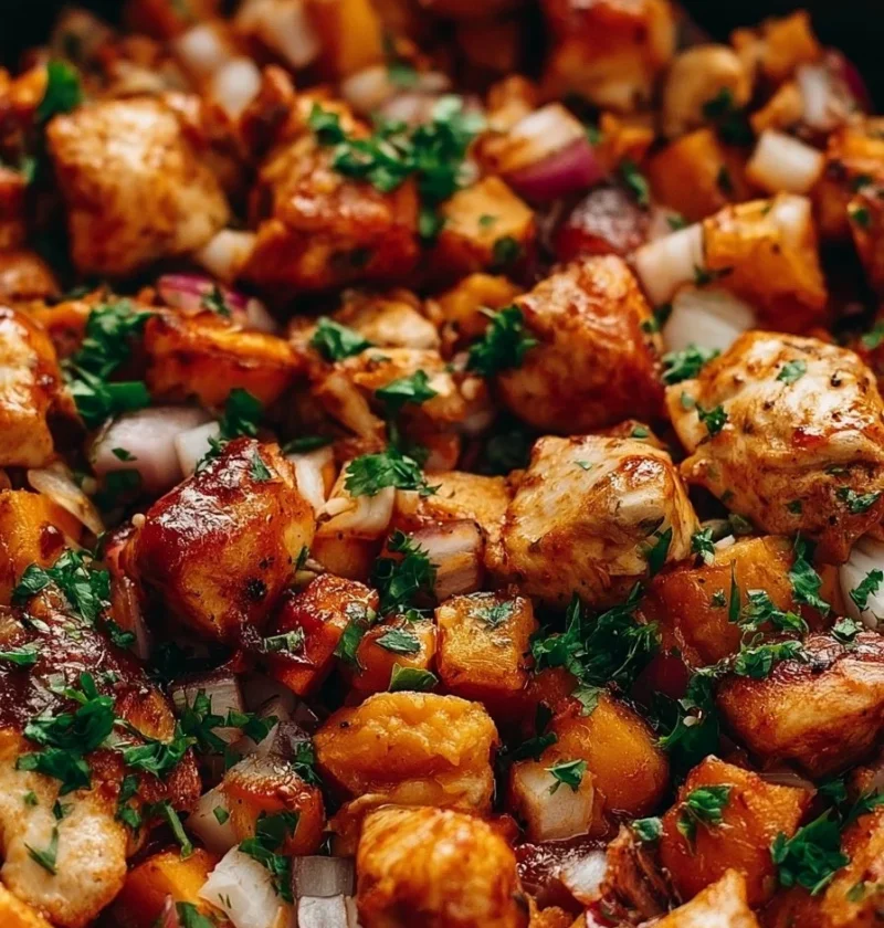 Pollo alla griglia con patate dolci in padella pronto da servire