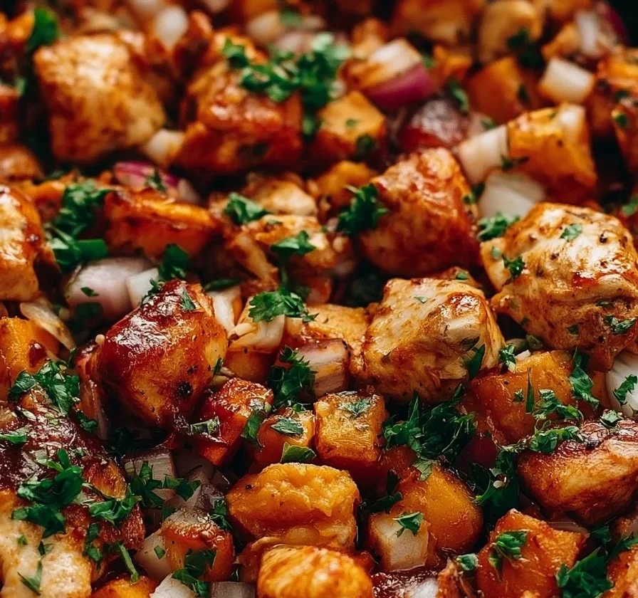 Pollo alla griglia con patate dolci in padella pronto da servire
