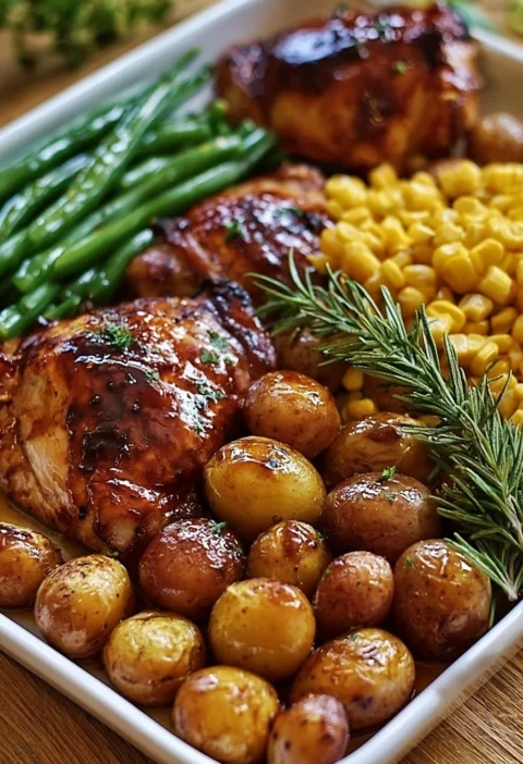 Pollo BBQ in Teglia con Patate Baby, Fagiolini e Mais cucinato al forno.