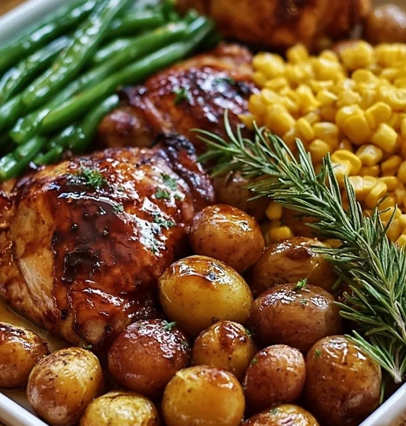 Pollo BBQ in Teglia con Patate Baby, Fagiolini e Mais cucinato al forno.
