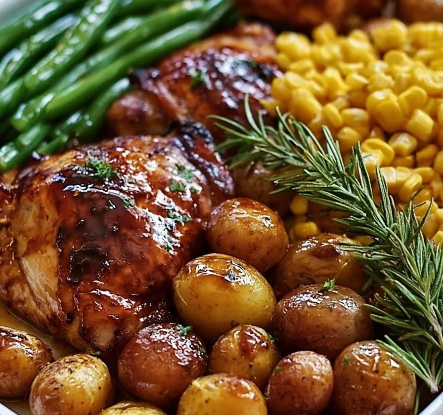 Pollo BBQ in Teglia con Patate Baby, Fagiolini e Mais cucinato al forno.
