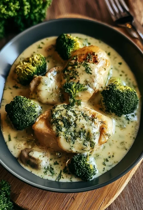Pollo e broccoli cremosi in un piatto delizioso e nutriente