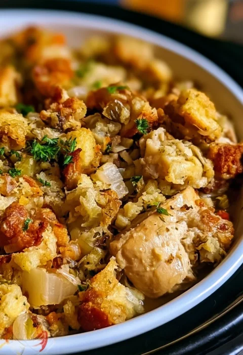 Pollo ripieno cotto in pentola lenta con verdure e spezie.