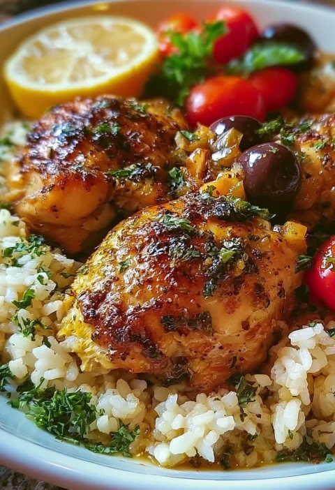 Piatto di Pollo Greco con Riso, ricco di spezie e ingredienti freschi