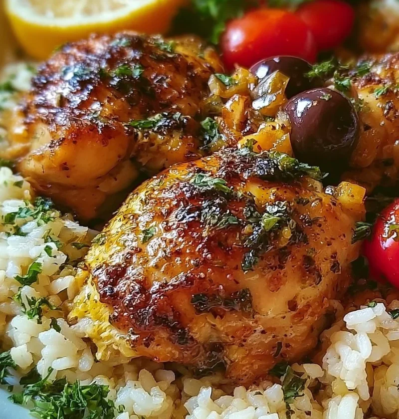 Piatto di Pollo Greco con Riso, ricco di spezie e ingredienti freschi