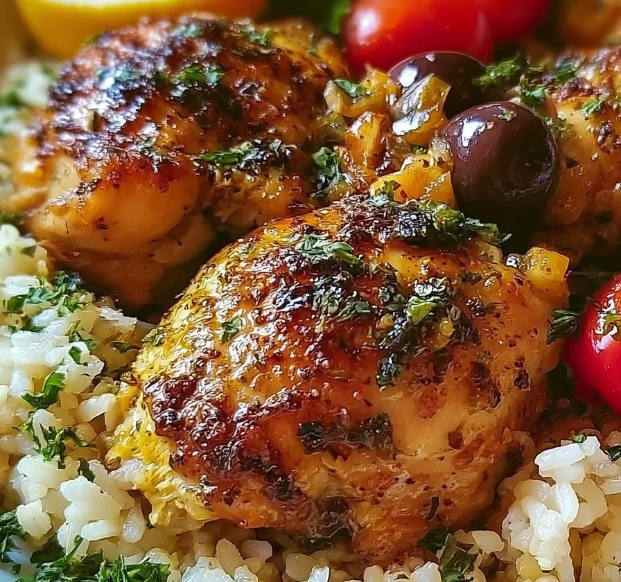 Piatto di Pollo Greco con Riso, ricco di spezie e ingredienti freschi