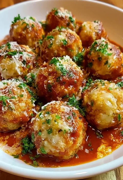 Polpette di pollo alla parmigiana servite con salsa e formaggio
