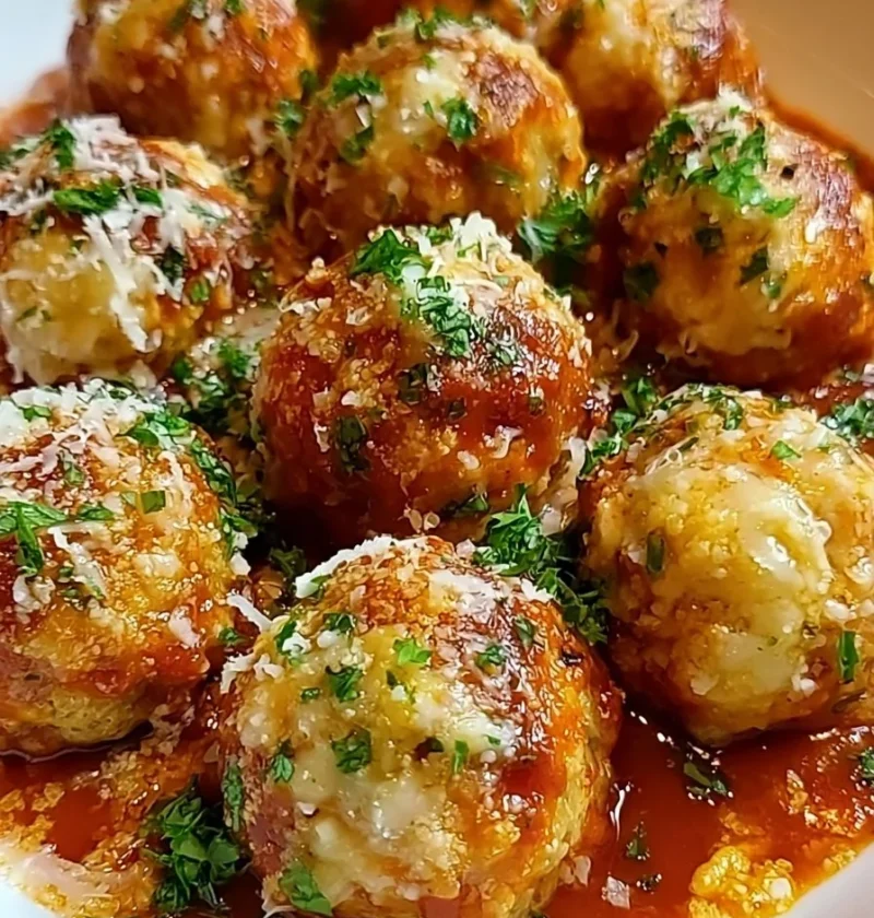 Polpette di pollo alla parmigiana servite con salsa e formaggio