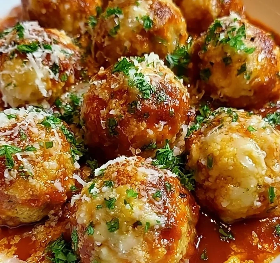 Polpette di pollo alla parmigiana servite con salsa e formaggio