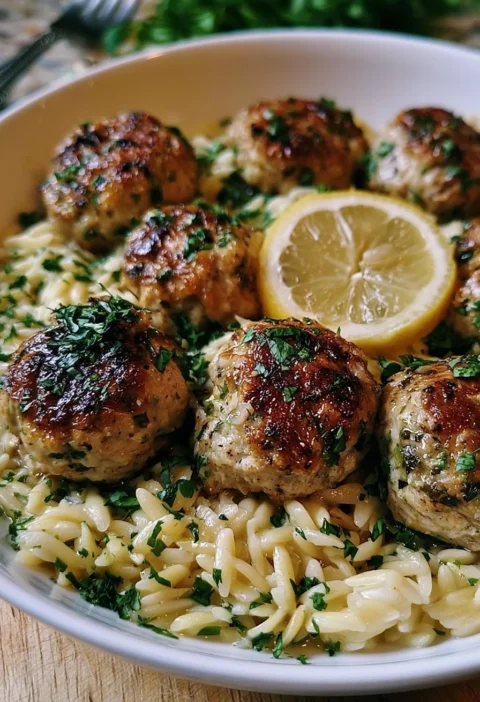 Polpette di pollo greche servite con orzo al limone