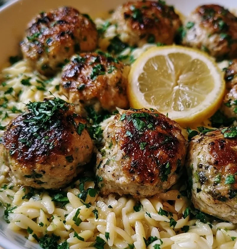 Polpette di pollo greche servite con orzo al limone