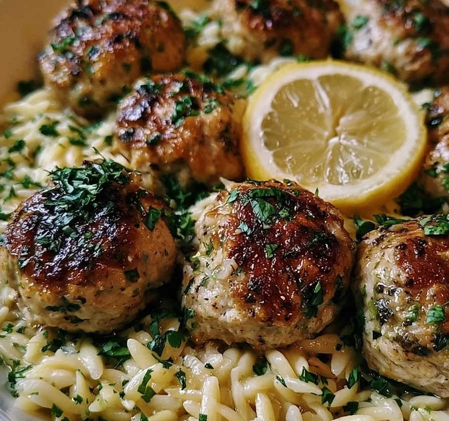 Polpette di pollo greche servite con orzo al limone