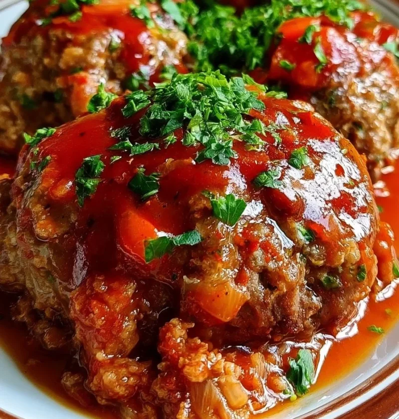 Polpettoni cucinati lentamente in pentola, pronti per essere serviti.