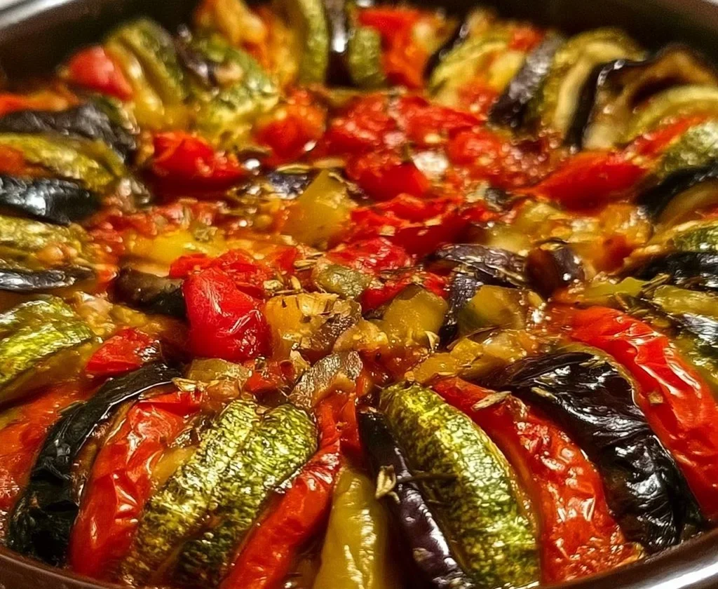 Una porzione di ratatouille servita in un piatto colorato.