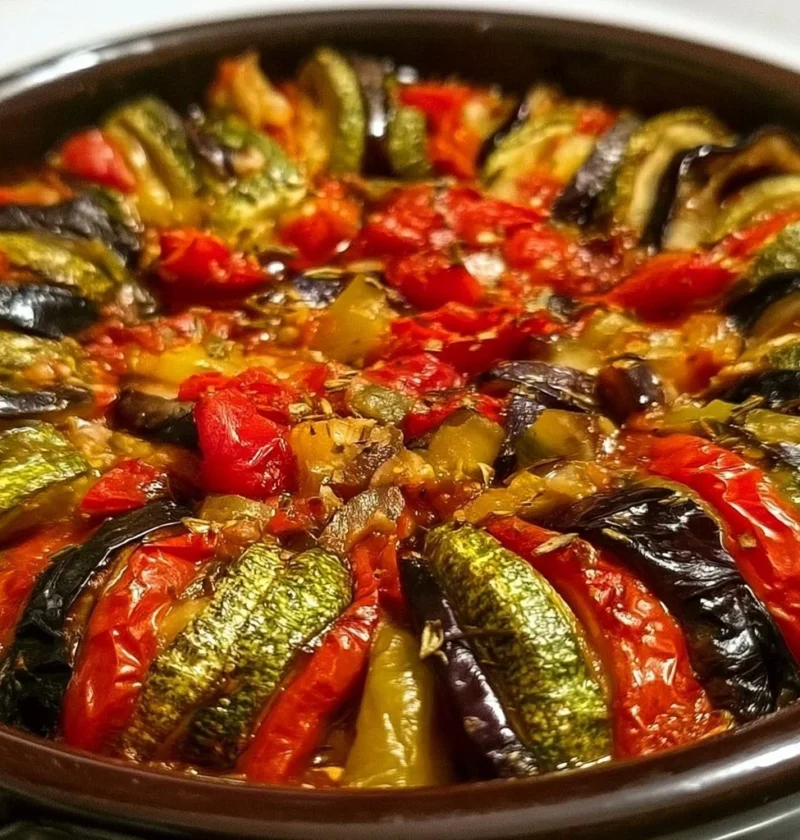 Una porzione di ratatouille servita in un piatto colorato.