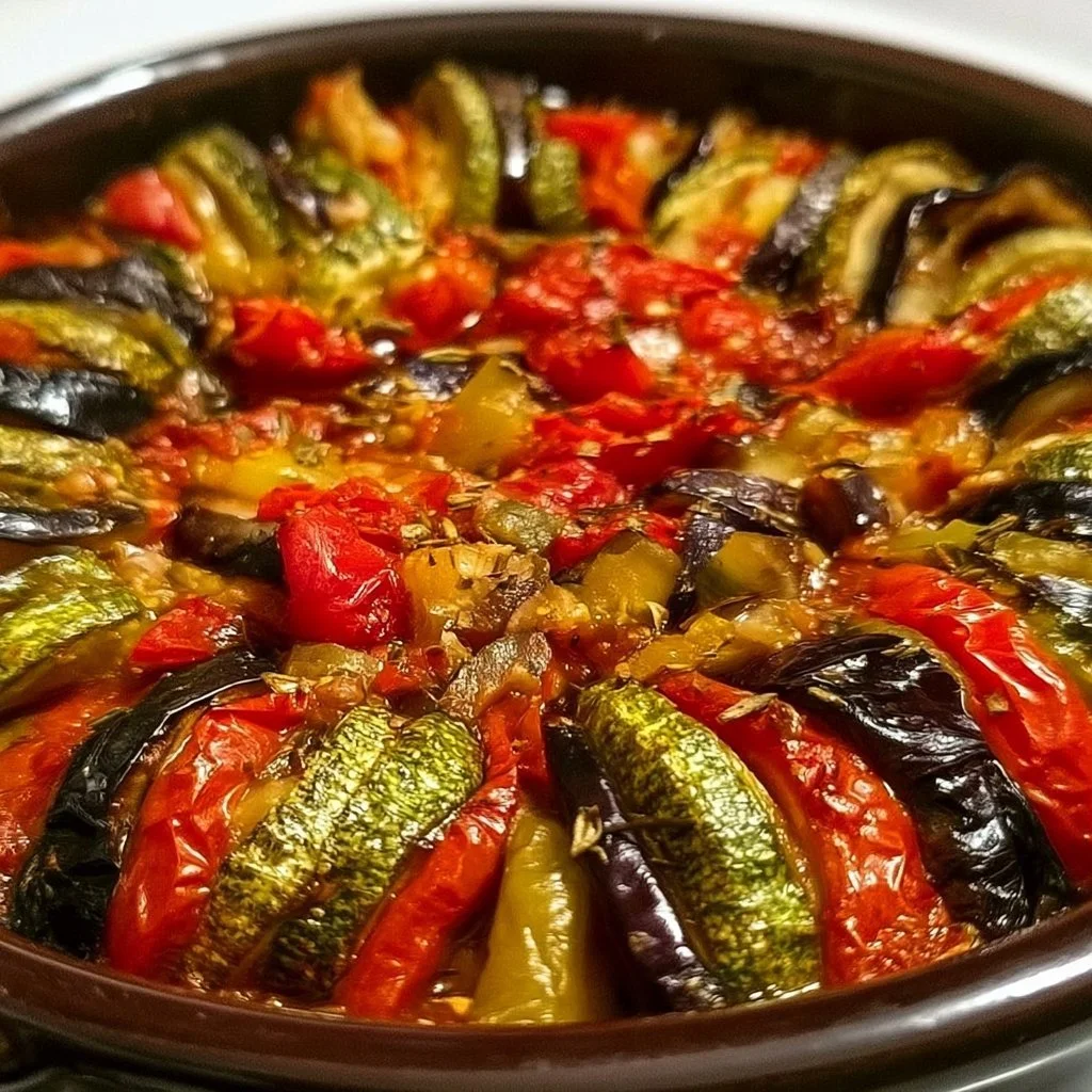 Una porzione di ratatouille servita in un piatto colorato.