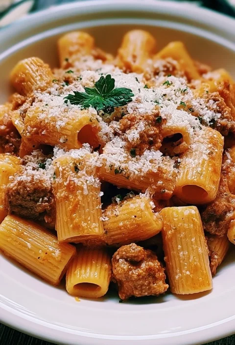 Piatto di Rigatoni Cremoso con Salsiccia, pasta ricca e saporita.