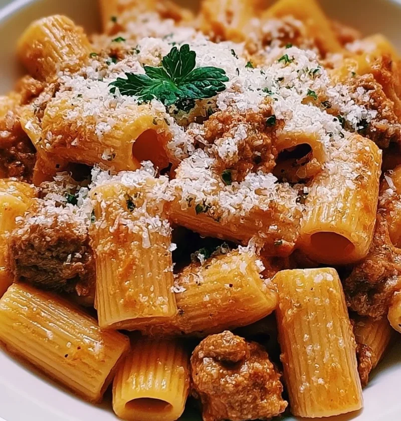 Piatto di Rigatoni Cremoso con Salsiccia, pasta ricca e saporita.