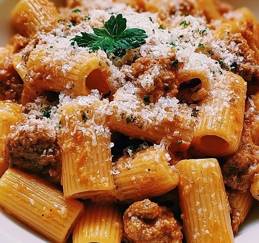 Piatto di Rigatoni Cremoso con Salsiccia, pasta ricca e saporita.