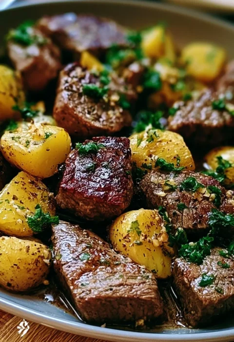 Skillet di Manzo e Patate al Burro all'Aglio preparato in un'ampia padella