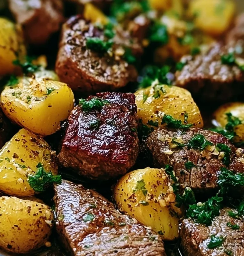 Skillet di Manzo e Patate al Burro all'Aglio preparato in un'ampia padella