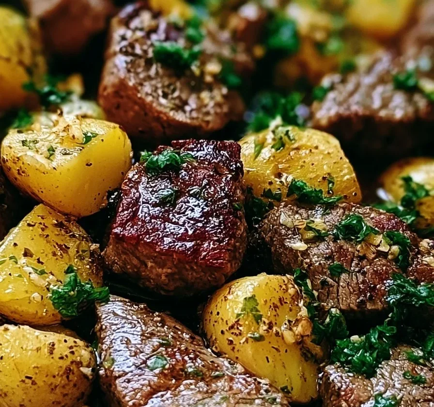 Skillet di Manzo e Patate al Burro all'Aglio preparato in un'ampia padella