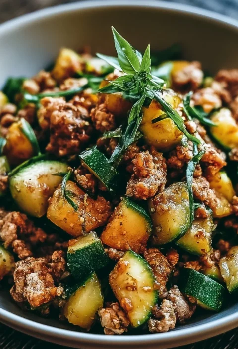 Skillet di tacchino macinato e zucchine appena cucinato in padella