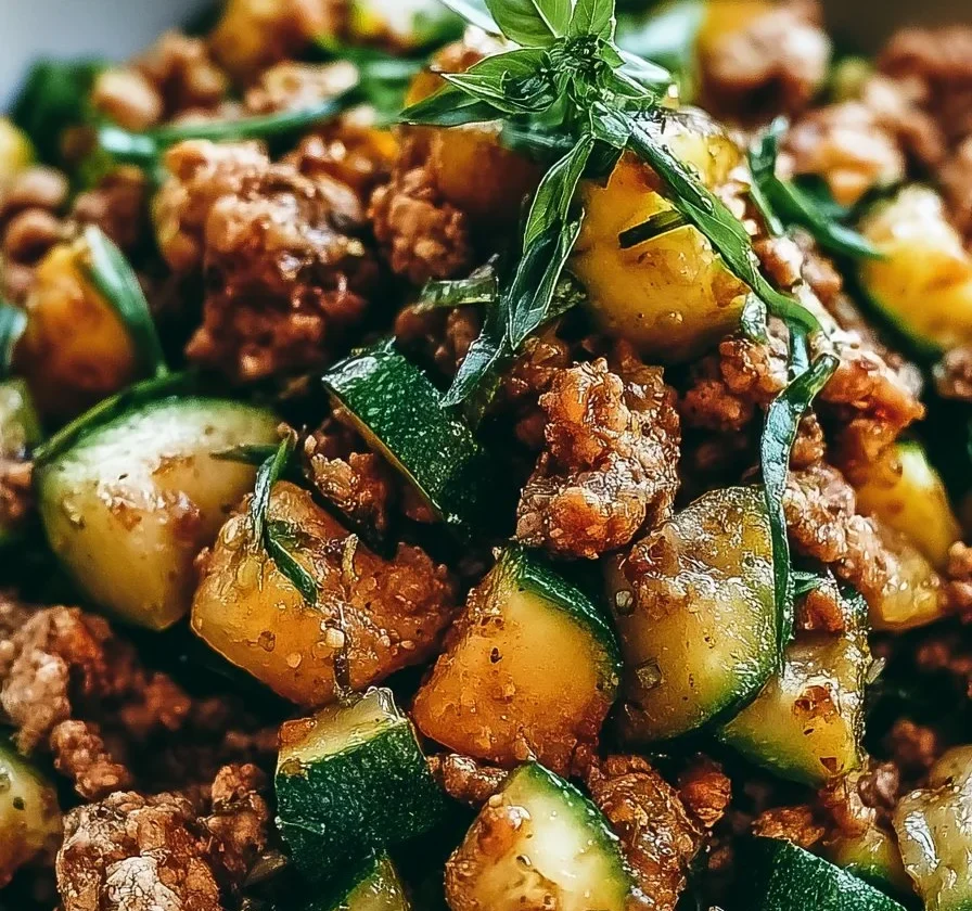 Skillet di tacchino macinato e zucchine appena cucinato in padella