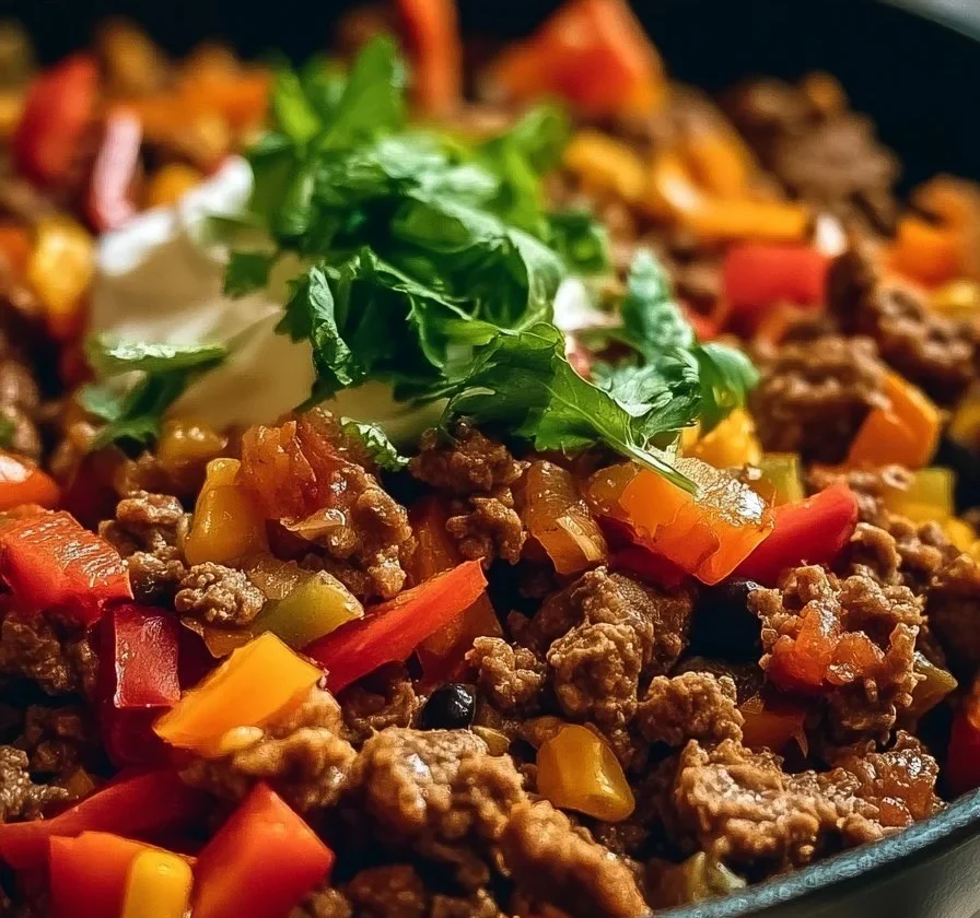 Skillet tacos di manzo con ingredienti freschi e saporiti