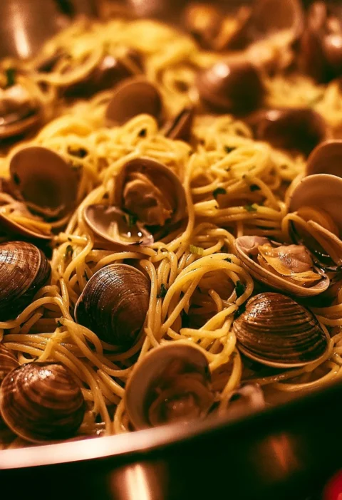 Piatto di spaghetti alle vongole con vongole fresche e prezzemolo