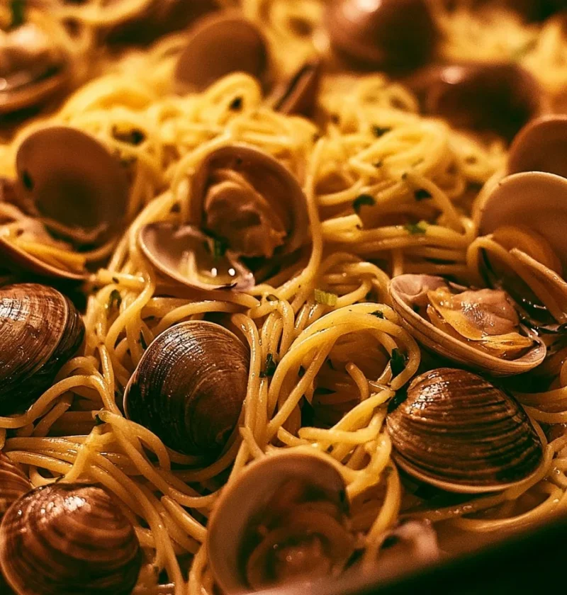 Piatto di spaghetti alle vongole con vongole fresche e prezzemolo