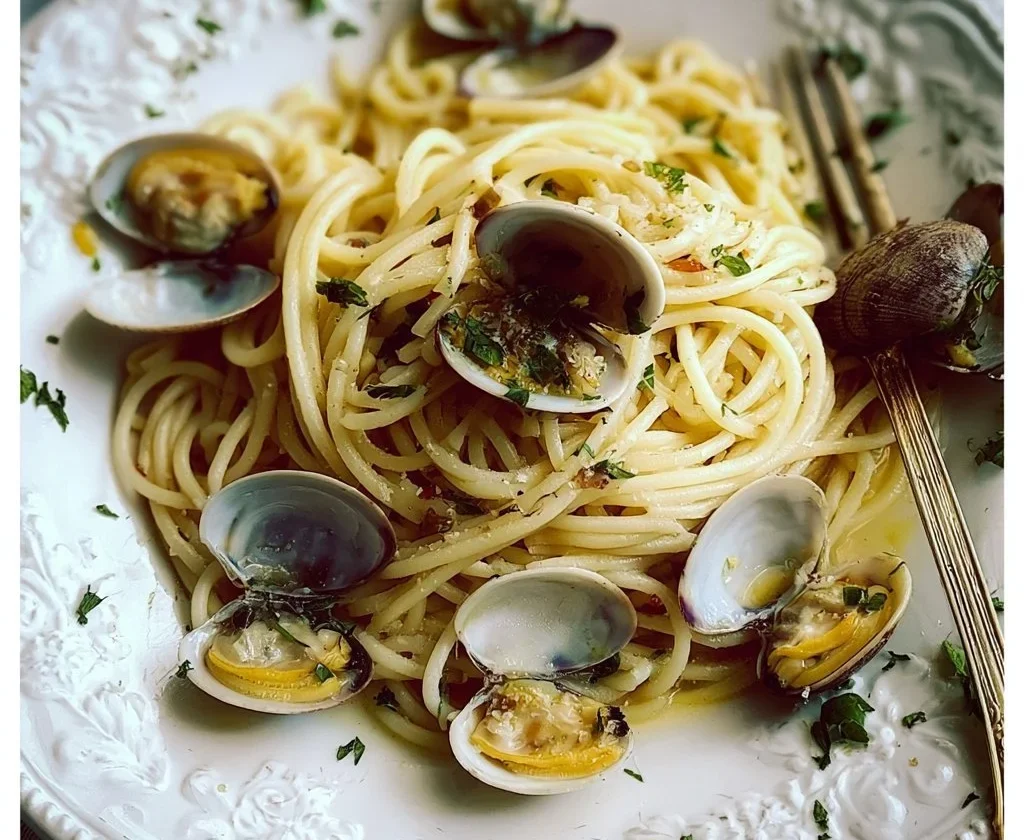 Piatto di Spaghetti alle Vongole con vongole fresche e prezzemolo
