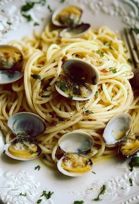 Piatto di Spaghetti alle Vongole con vongole fresche e prezzemolo