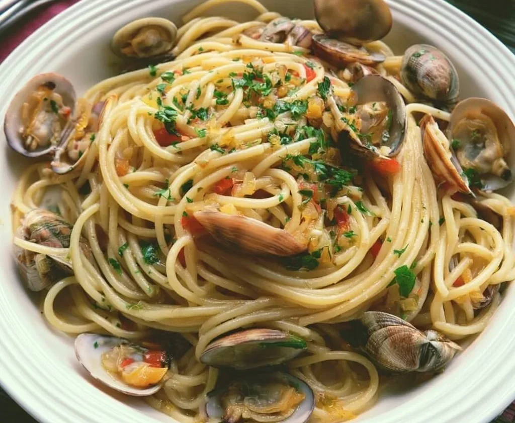 Piatto di spaghetti alle vongole con frutti di mare freschi e prezzemolo