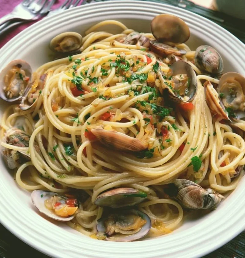 Piatto di spaghetti alle vongole con frutti di mare freschi e prezzemolo