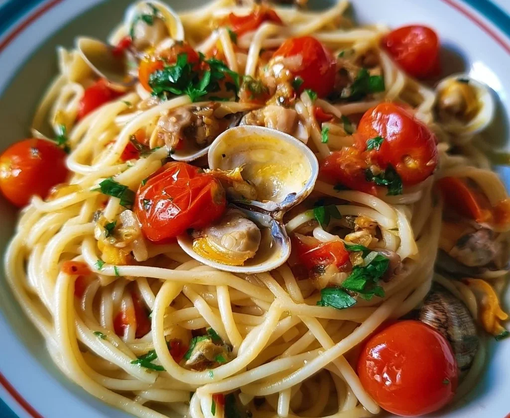Piatto di Spaghetti alle Vongole e Pomodorini, un classico saporito italiano