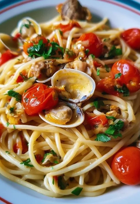 Piatto di Spaghetti alle Vongole e Pomodorini, un classico saporito italiano
