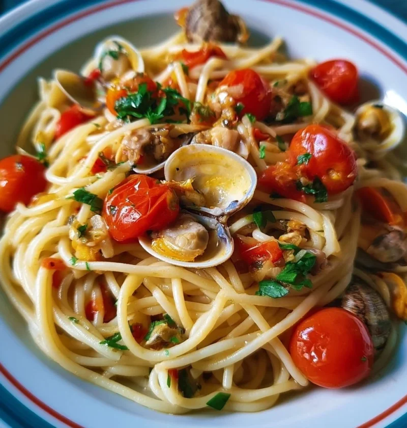 Piatto di Spaghetti alle Vongole e Pomodorini, un classico saporito italiano