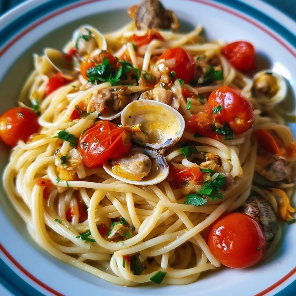 Piatto di Spaghetti alle Vongole e Pomodorini, un classico saporito italiano
